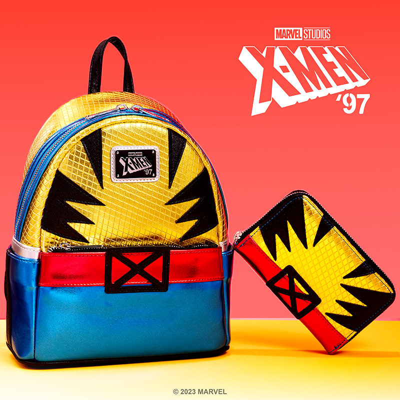 Image of our X-Men '97 Wolverine Marvel Metallic Mini Backpack and Wallet against a red and yellow background